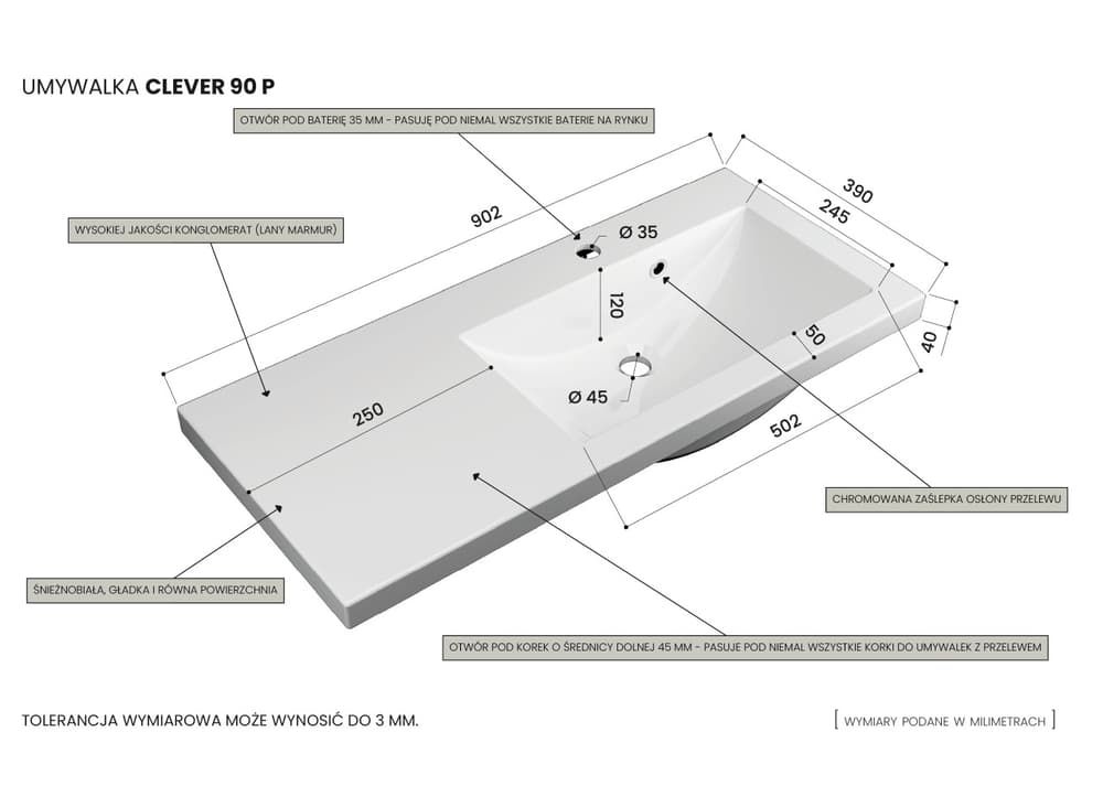 Szafka Wisząca Z Umywalką ATHD 90 cm D Prawa - Dąb Evoke Coast Mat - Uchwyty Chromowane