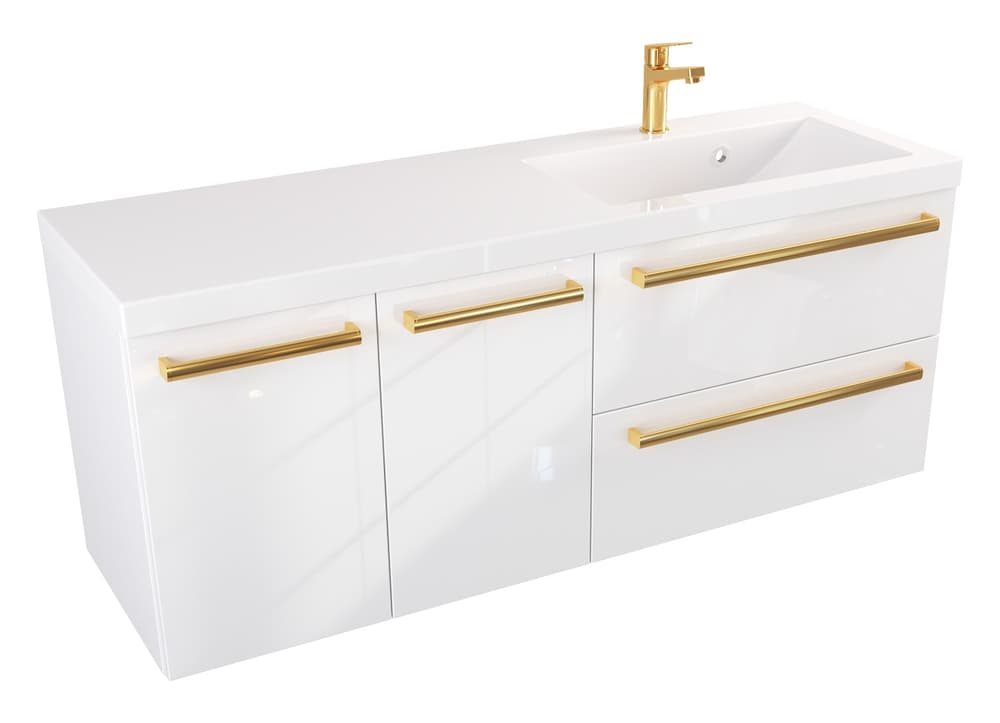 Szafka Wisząca Z Umywalką ATH 120 cm DS Prawa - Biały Wysoki Połysk - Uchwyty Złote Polerowane
