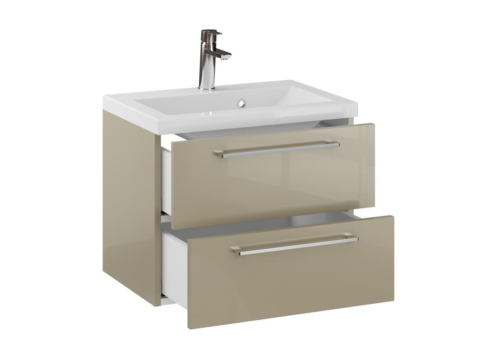 Szafka Wisząca Z Umywalką RON 60 cm - Cappuccino Wysoki Połysk - Uchwyty Chromowane