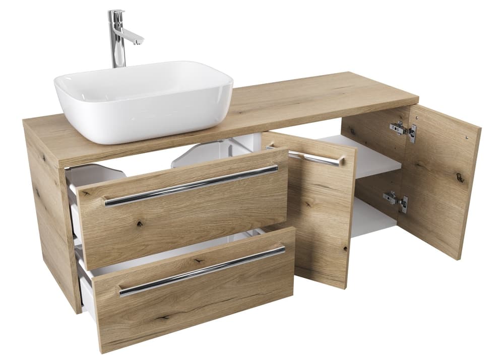 Szafka Wisząca Z Umywalką Nablatową ATHD 120 cm SD Lewa - Dąb Evoke Coast Mat - Uchwyty Chromowane