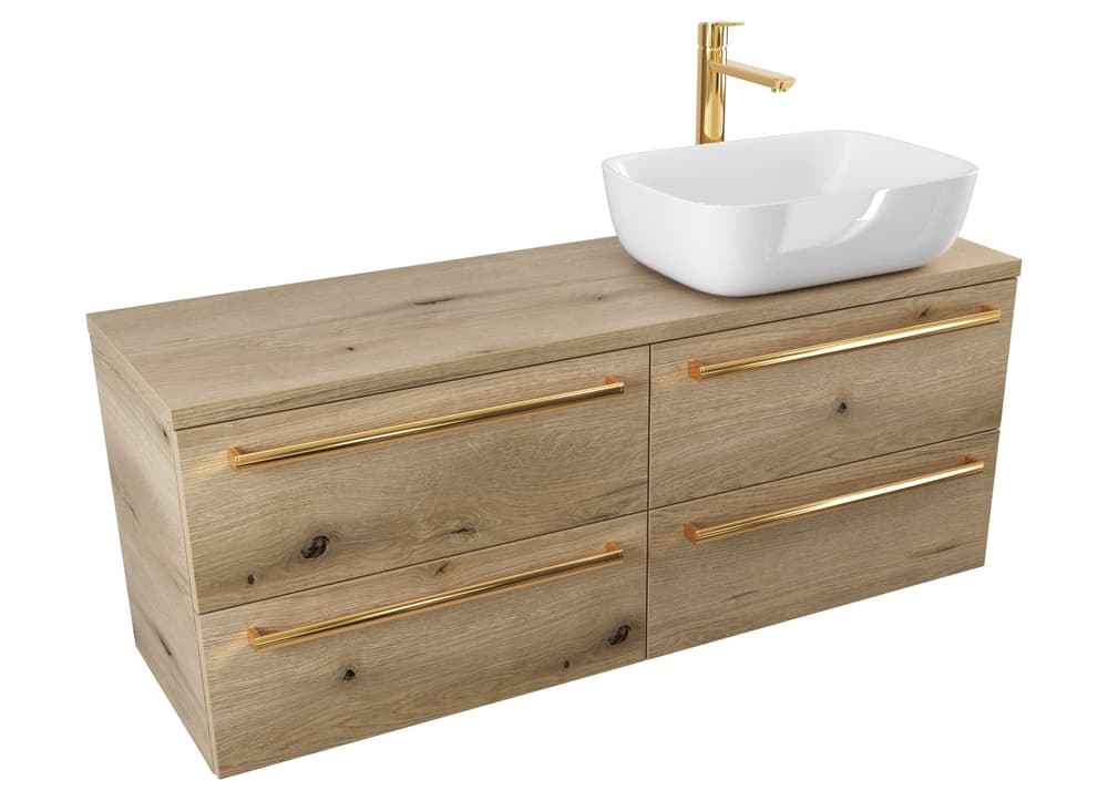Szafka Wisząca Z Umywalką Nablatową ATHD 120 cm S Prawa - Dąb Evoke Coast Mat - Uchwyty Złote Polerowane