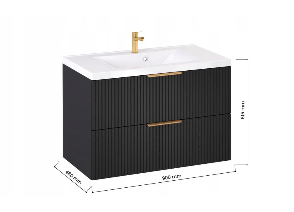 Szafka z Umywalką LOGHOS 90 cm Czarny Mat Ryflowana Furni