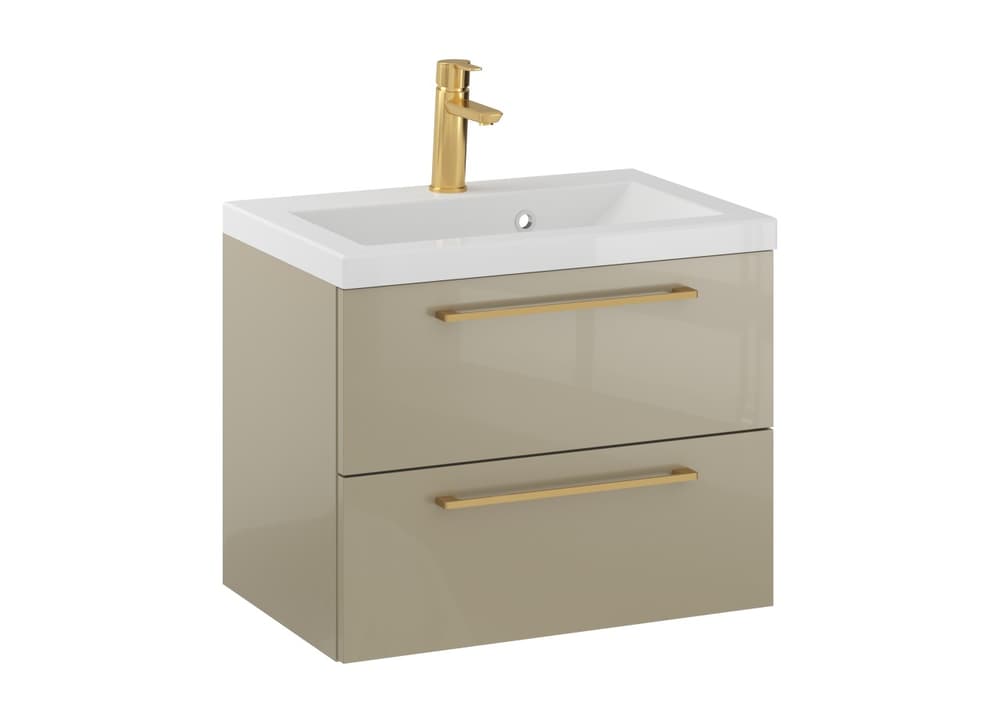 Szafka Wisząca Z Umywalką RON 60 cm - Cappuccino Wysoki Połysk - Uchwyty Złote Szczotkowane
