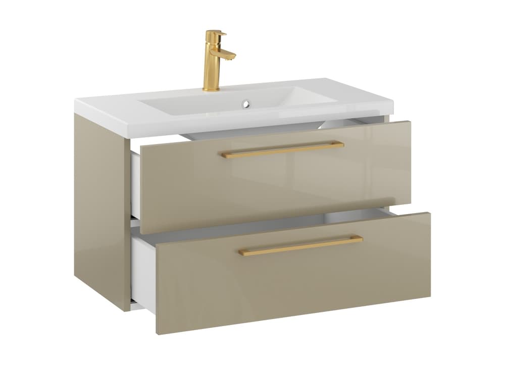 Szafka Wisząca Z Umywalką RON 80 cm - Cappuccino Wysoki Połysk - Uchwyty Złote Szczotkowane