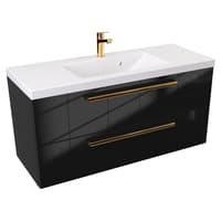 Szafka Wisząca Z Umywalką ATH 100 cm - Czarny Wysoki Połysk - Uchwyty Złote Polerowane