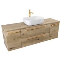 Szafka Wisząca Z Umywalką Nablatową ATHD 140 cm D - Dąb Evoke Coast Mat - Uchwyty Złote Polerowane