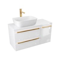 Szafka Wisząca Z Umywalką Nablatową ATH 90 cm D Lewa - Biały Wysoki Połysk - Uchwyty Złote Polerowane