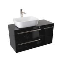 Szafka Wisząca Z Umywalką Nablatową ATH 90 cm D Lewa - Czarny Wysoki Połysk - Uchwyty Stal Szczotkowana