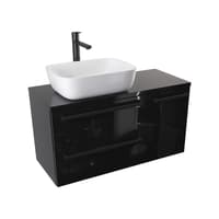 Szafka Wisząca Z Umywalką Nablatową ATH 90 cm D Lewa - Czarny Wysoki Połysk - Uchwyty Czarne Matowe