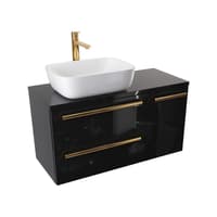 Szafka Wisząca Z Umywalką Nablatową ATH 90 cm D Lewa - Czarny Wysoki Połysk - Uchwyty Złote Polerowane