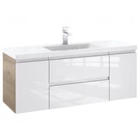 Szafka Łazienkowa z Umywalką NOV 120 cm D - Boki Dąb Evoke, Biały Lakier Połysk, Uchwyty Frezowane