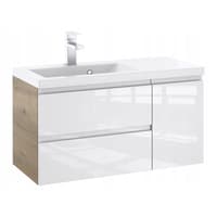 Szafka Łazienkowa z Umywalką NOV 90 cm L - Boki Dąb Evoke, Biały Lakier Połysk, Uchwyty Frezowane