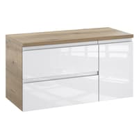 Szafka Łazienkowa z Blatem NOV 90 cm D Lewa - Dąb Evoke, Biały Lakier Połysk, Uchwyty Frezowane