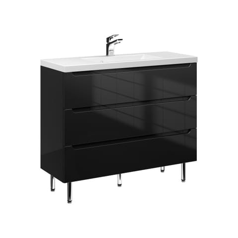 Szafka stojąca z umywalką Ethos Black 100 cm, 3 szuflady - Czarny wysoki połysk