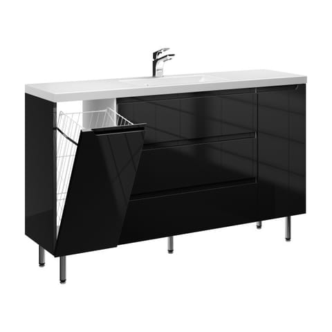 Szafka stojąca z umywalką Ethos Black 140 cm, 3 szuflady, kosz na pranie i drzwi - Czarny wysoki połysk