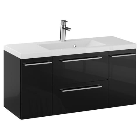 Szafka wisząca z umywalką Rosen 100 cm, 2 szuflady i dwoje drzwi - Czarny wysoki połysk - Uchwyty chromowane