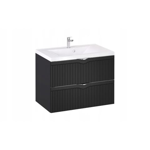 Szafka wisząca z umywalką Loghos 80 cm, 2 szuflady - Czarny mat, front Picado - Uchwyty chromowane