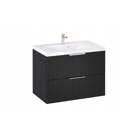 Szafka wisząca z umywalką Loghos 80 cm, 2 szuflady - Czarny mat, front Hexa - Uchwyty chromowane