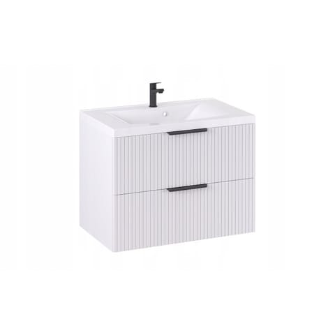 Szafka wisząca z umywalką Loghos 80 cm, 2 szuflady - Biały mat, front Hexa - Uchwyty czarne matowe