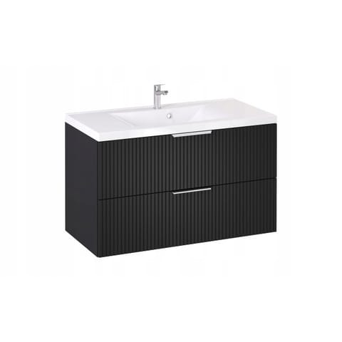 Szafka wisząca z umywalką Loghos 100 cm, 2 szuflady - Czarny mat, front Hexa - Uchwyty chromowane