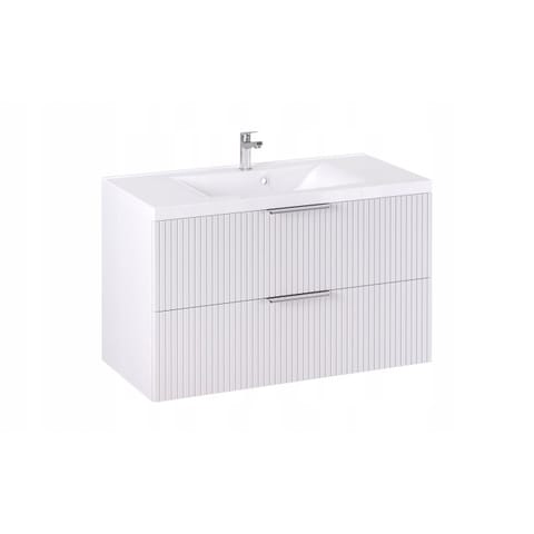 Szafka wisząca z umywalką Loghos 100 cm, 2 szuflady - Biały mat, front Hexa - Uchwyty chromowane