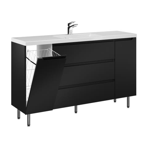 Szafka stojąca z umywalką Ethos Black 140 cm, 3 szuflady, kosz na pranie i drzwi - Czarny mat