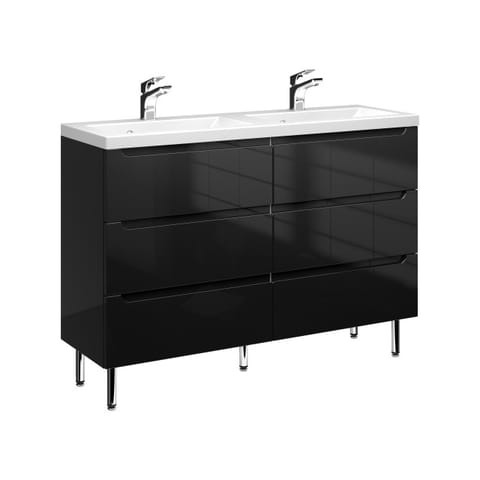 Szafka stojąca z podwójną umywalką Ethos Black 120 cm, 6 szuflad - Czarny wysoki połysk