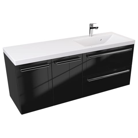 Szafka wisząca z umywalką Athos Black 120 cm prawa, 2 szuflady i dwoje drzwi - Czarny wysoki połysk - Uchwyty chromowane