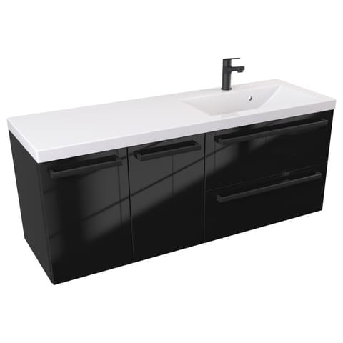 Szafka wisząca z umywalką Athos Black 120 cm prawa, 2 szuflady i dwoje drzwi - Czarny wysoki połysk - Uchwyty czarne matowe