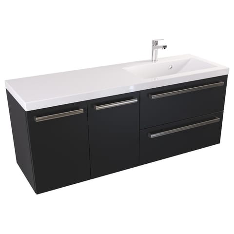 Szafka wisząca z umywalką Athos Black 120 cm prawa, 2 szuflady i dwoje drzwi - Czarny mat - Uchwyty stal szczotkowana