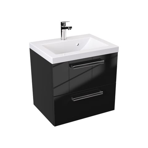 Szafka wisząca z umywalką Athos Black 50 cm, 2 szuflady - Czarny wysoki połysk - Uchwyty chromowane