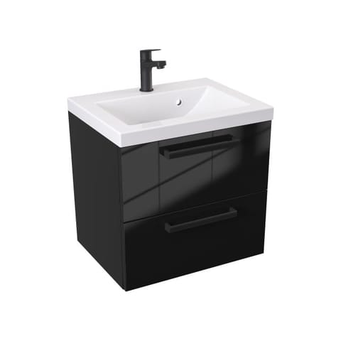 Szafka wisząca z umywalką Athos Black 50 cm, 2 szuflady - Czarny wysoki połysk - Uchwyty czarne matowe