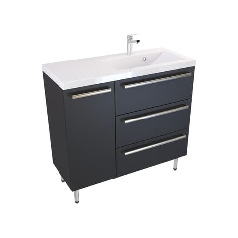 Szafka stojąca z umywalką Athos Black 90 cm prawa, 3 szuflady i drzwi - Czarny mat - Uchwyty stal szczotkowana