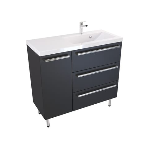 Szafka stojąca z umywalką Athos Black 90 cm prawa, 3 szuflady i drzwi - Czarny mat - Uchwyty chromowane