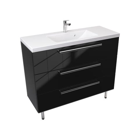 Szafka stojąca z umywalką Athos Black 100 cm, 3 szuflady - Czarny wysoki połysk - Uchwyty chromowane
