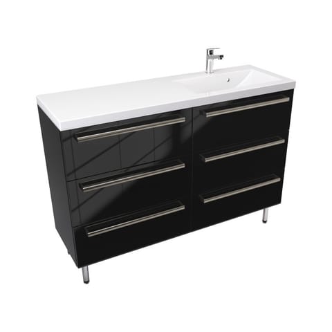 Szafka stojąca z umywalką Athos Black 120 cm prawa, 6 szuflad - Czarny wysoki połysk - Uchwyty stal szczotkowana
