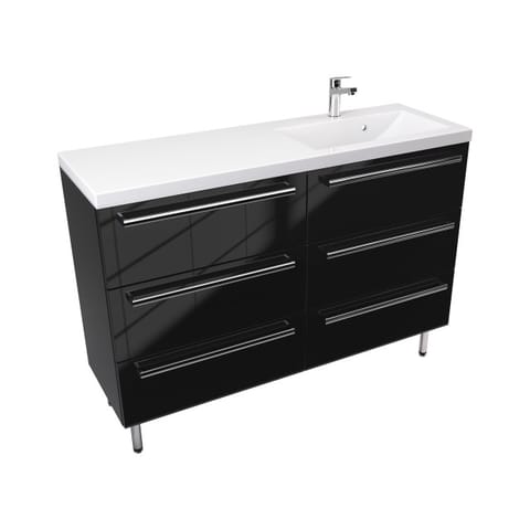 Szafka stojąca z umywalką Athos Black 120 cm prawa, 6 szuflad - Czarny wysoki połysk - Uchwyty chromowane