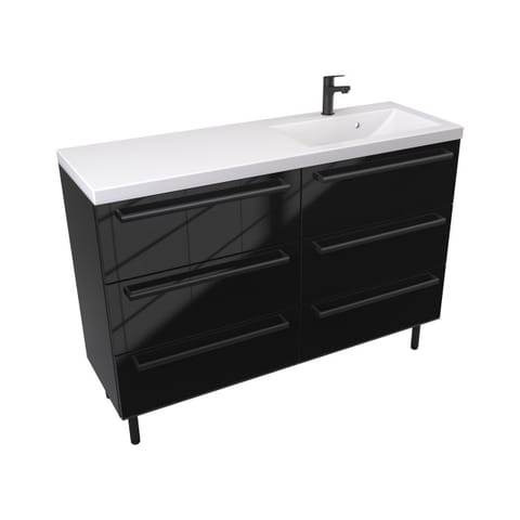 Szafka stojąca z umywalką Athos Black 120 cm prawa, 6 szuflad - Czarny wysoki połysk - Uchwyty czarne matowe