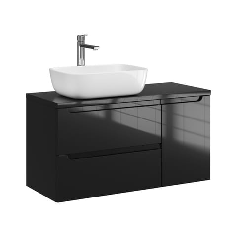 Szafka wisząca z umywalką nablatową Ethos Black 90 cm lewa, 2 szuflady i drzwi - Czarny wysoki połysk