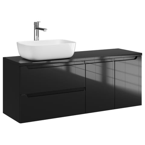Szafka wisząca z umywalką nablatową Ethos Black 120 cm lewa, 2 szuflady i dwoje drzwi - Czarny wysoki połysk
