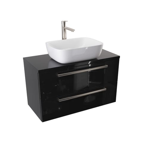 Szafka wisząca z umywalką nablatową Athos Black 80 cm, 2 szuflady - Czarny wysoki połysk - Uchwyty stal szczotkowana