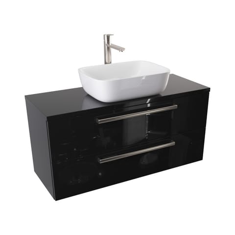 Szafka wisząca z umywalką nablatową Athos Black 100 cm, 2 szuflady - Czarny wysoki połysk - Uchwyty stal szczotkowana