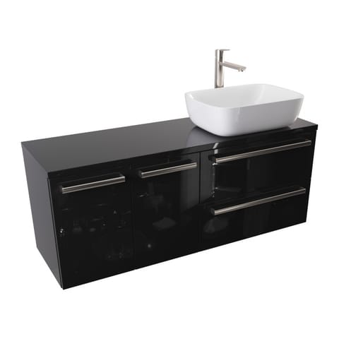Szafka wisząca z umywalką nablatową Athos Black 120 cm prawa, 2 szuflady i dwoje drzwi - Czarny wysoki połysk - Uchwyty stal szczotkowana