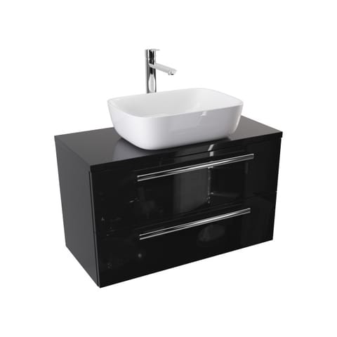 Szafka wisząca z umywalką nablatową Athos Black 80 cm, 2 szuflady - Czarny wysoki połysk - Uchwyty chromowane
