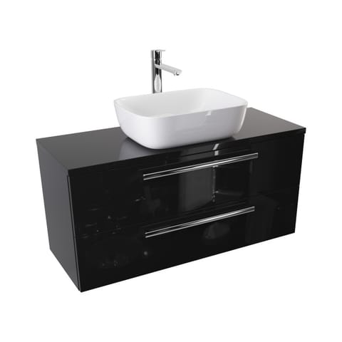 Szafka wisząca z umywalką nablatową Athos Black 100 cm, 2 szuflady - Czarny wysoki połysk - Uchwyty chromowane