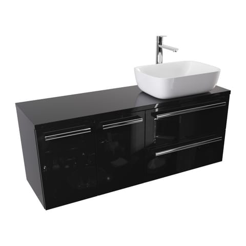 Szafka wisząca z umywalką nablatową Athos Black 120 cm prawa, 2 szuflady i dwoje drzwi - Czarny wysoki połysk - Uchwyty chromowane