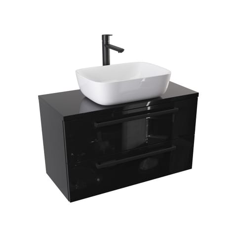 Szafka wisząca z umywalką nablatową Athos Black 80 cm, 2 szuflady - Czarny wysoki połysk - Uchwyty czarne matowe