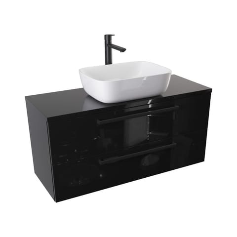Szafka wisząca z umywalką nablatową Athos Black 100 cm, 2 szuflady - Czarny wysoki połysk - Uchwyty czarne matowe