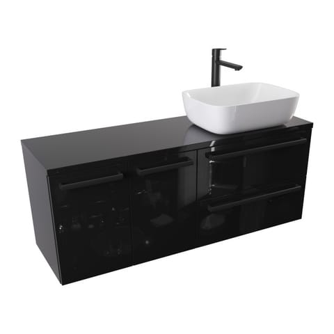 Szafka wisząca z umywalką nablatową Athos Black 120 cm prawa, 2 szuflady i dwoje drzwi - Czarny wysoki połysk - Uchwyty czarne matowe