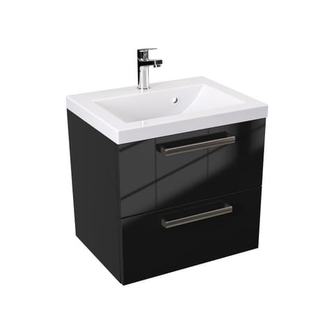 Szafka wisząca z umywalką Athos Black 50 cm, 2 szuflady - Czarny wysoki połysk - Uchwyty stal szczotkowana